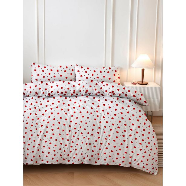 Parivuoteen pussilakanasetti Linento Love Heart, 240x220cm + 50x80cm, punainen/valkoinen