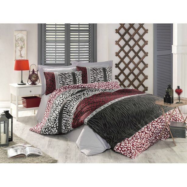 Parivuoteen pussilakanasetti Linento Leopard, 240x220cm + 50x80cm, punainen/valkoinen