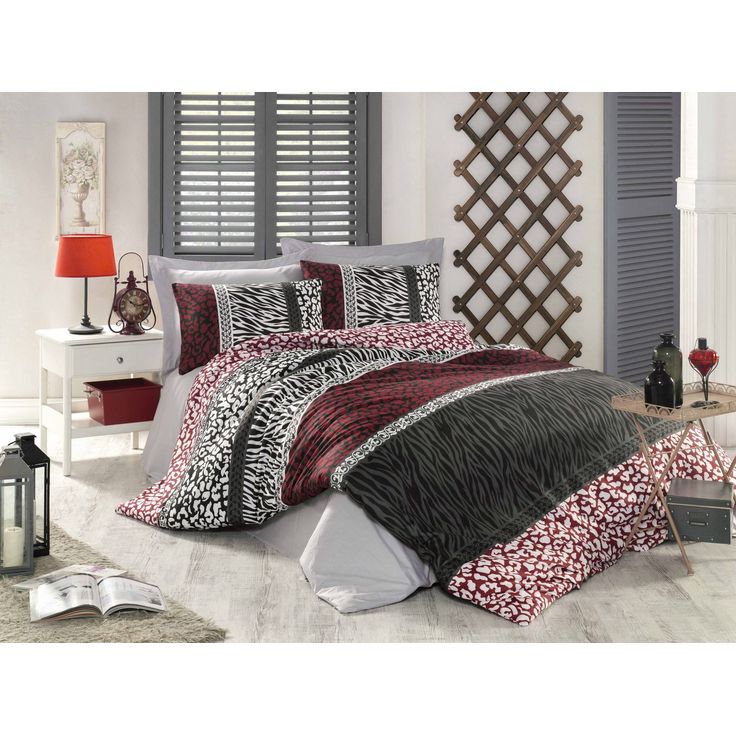 Parivuoteen pussilakanasetti Linento Leopard, 240x220cm + 50x80cm, punainen/valkoinen