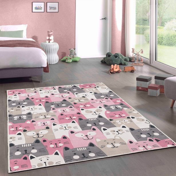 Lastenhuoneen käytävämatto Linento Kissaset 80x150cm vaaleanpunainen/harmaa