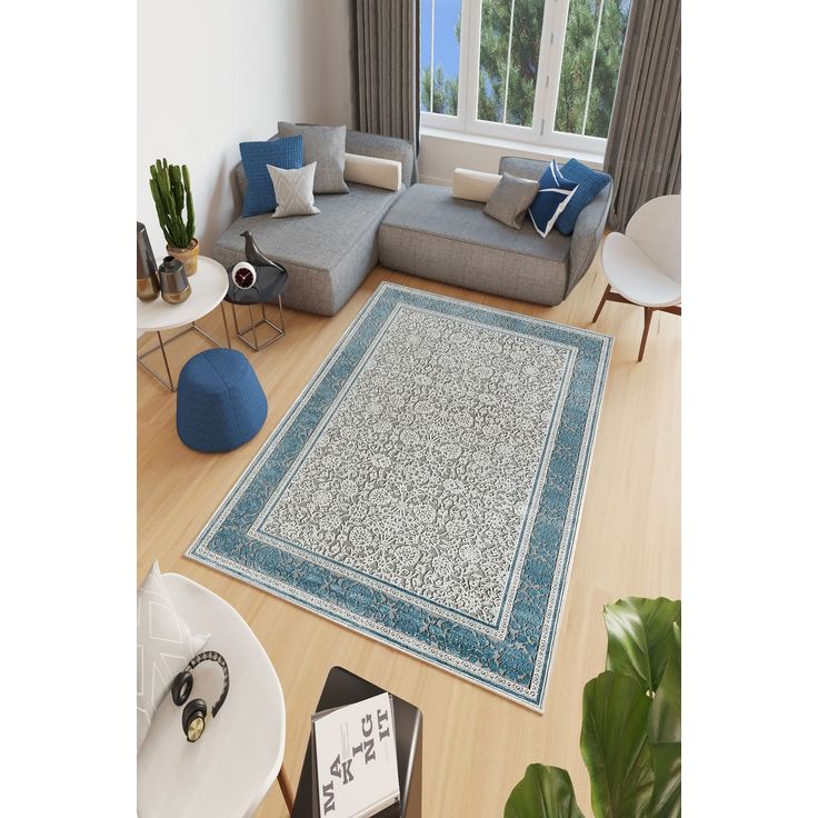 Käytävämatto Linento W1205, 80x120cm, sininen/harmaa