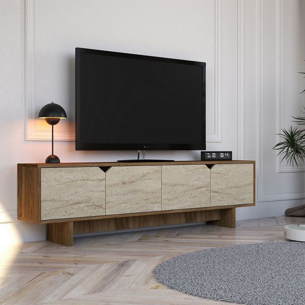 TV-taso Linento Furniture Istemi, leveys 180cm, travertiinikuosi/pähkinä