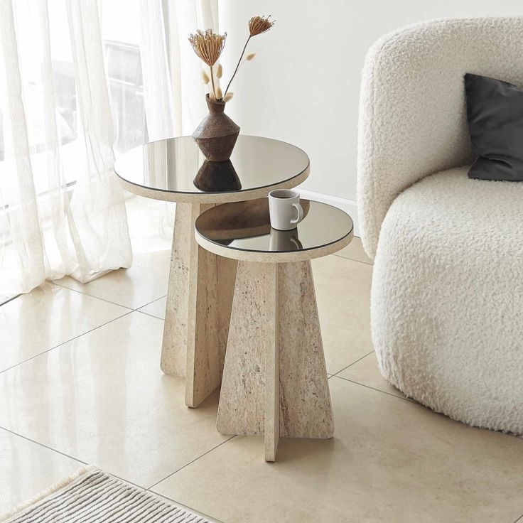 Sivupöytä Linento Furniture Luna, 2kpl, travertiinikuosi/pronssi