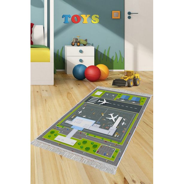 Lastenhuoneen matto Linento Lentokenttä II (ELS633), 80x120cm, vihreä/harmaa