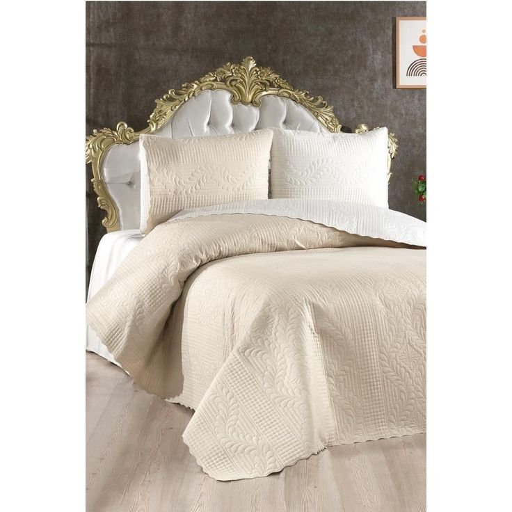 Parivuoteen päiväpeitto + 2 tyynyliinaa Linento Sanem, 230x250cm + 60x80cm, kerma/beige