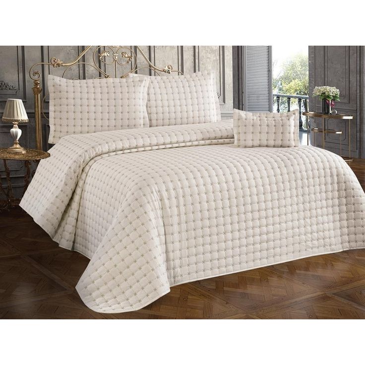 Parivuoteen päiväpeitto + 2 tyynyliinaa Linento Yildiz, 250x260cm + 55x75cm, kerma