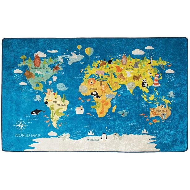 Lastenhuoneen matto Linento World Map sininen, eri kokoja