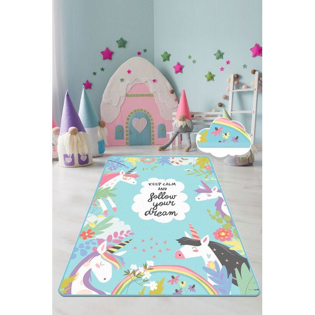 Lastenhuoneen matto Linento Cute Unicorn, turkoosi, eri kokoja