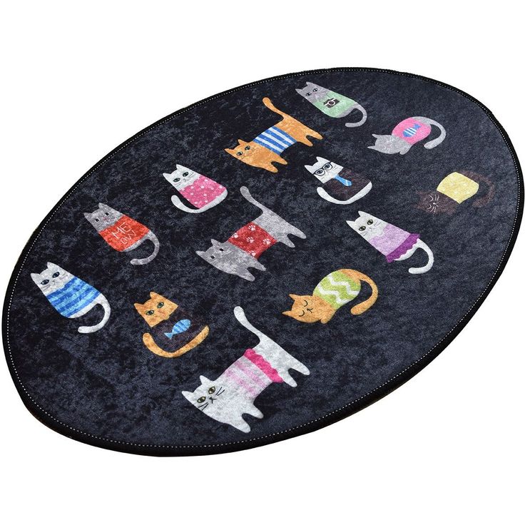 Kylpyhuoneen matto Linento Black Cats Oval 60x90cm musta/monivärinen