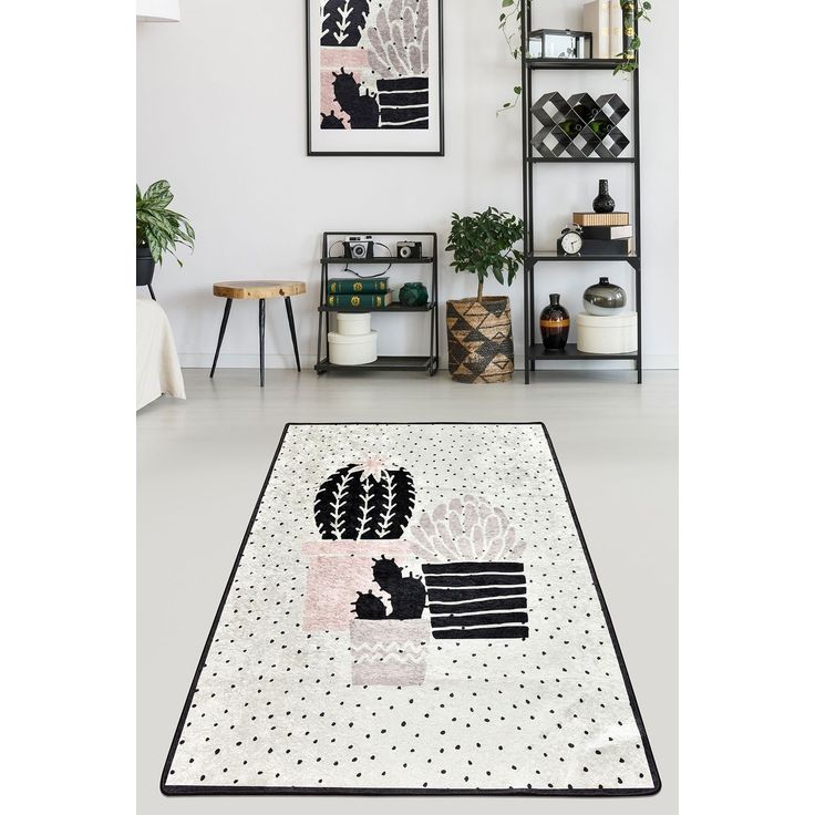 Käytävämatto Linento Three Cactus, 80x150cm, valkoinen