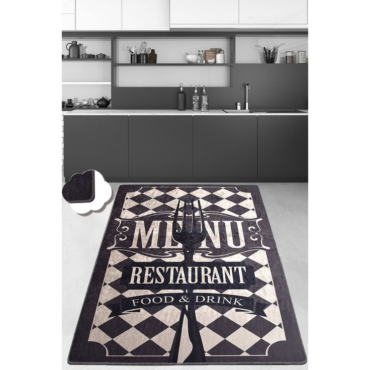 Keittiön matto Linento Food And Drink Djt, musta/kerma, eri kokoja