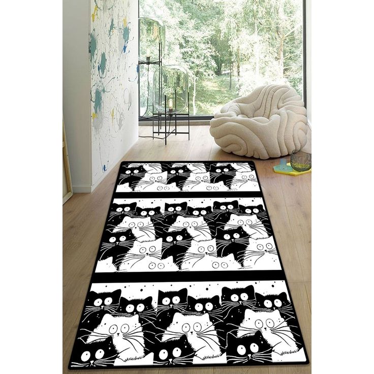Lastenhuoneen matto Linento White Cats, mustavalkoinen