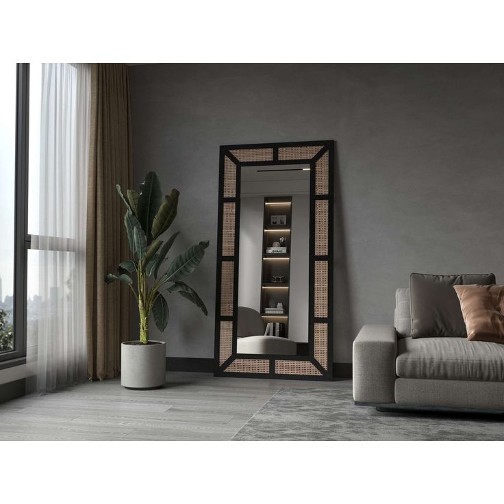 Kokovartalopeili Linento Furniture Rattan, 90x180cm, musta
