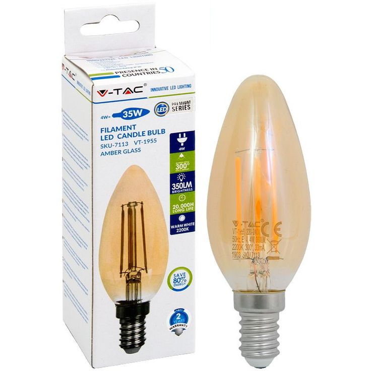LED-polttimo V-TAC 4W E14 2200 K, 350 lm, kynttilämalli, meripihka