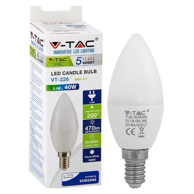 LED-kynttilälamppu V-TAC, 5.5W, E14, 3000K