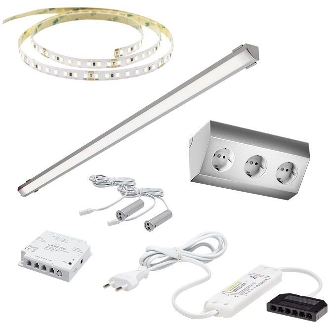 LED-valaisinsetti aamiaiskaappiin Limente ovitunnistin virtalähde pistorasia 2m 4000K IP20 24V alumiini