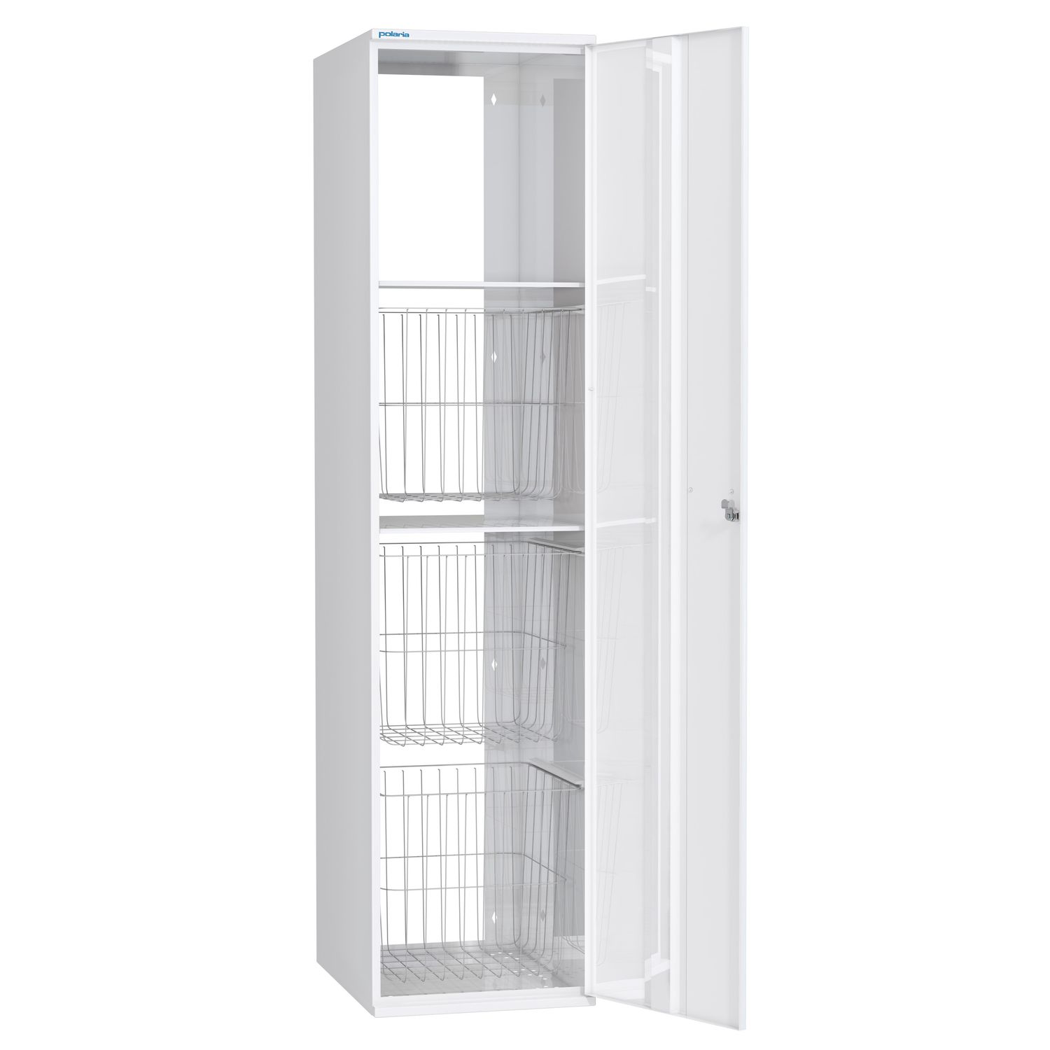 Pyykkikaappi Polaria 300x1700x530 mm, oikeakätinen, sylinterilukko, 3 koria + 2 hyllyä