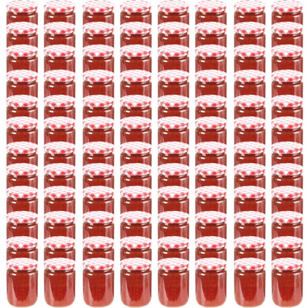 Lasiset hillopurkit valkopunaisilla kansilla 96 kpl 230 ml_1