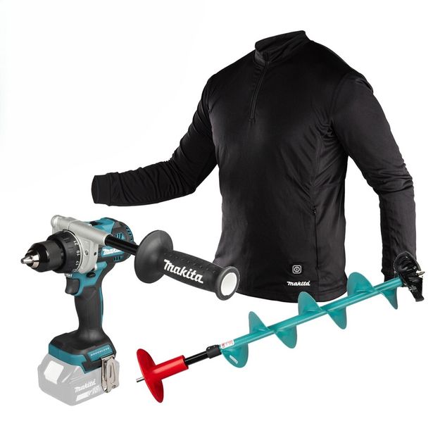 Akkuporakone jääkairalla Makita LXT DDF492Z + Rapala Lazer + lämpöpaita DCX201A CXT-akulla