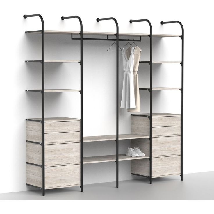 Makuuhuoneen säilytysjärjestelmä Mirror Line Nivo, laatikoilla, tangolla ja hyllyillä, 2080-2480x2400x520mm, vaalea hikkori