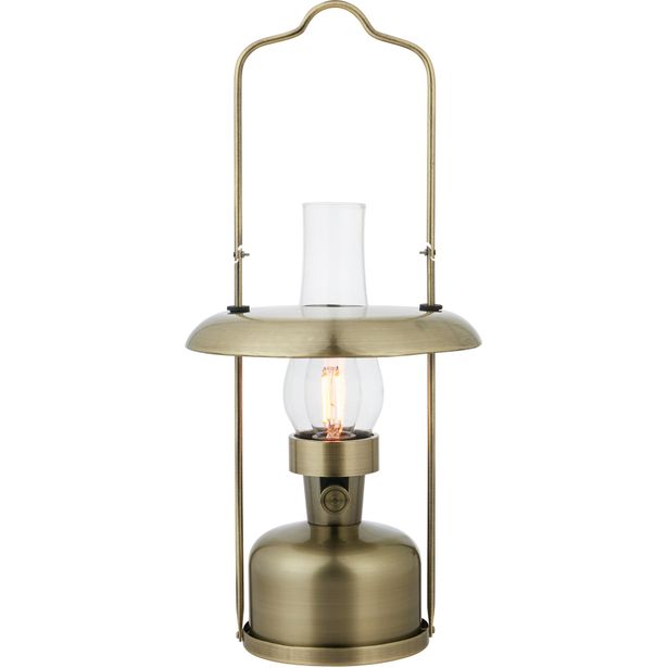 Pöytävalaisin ulkokäyttöön Markslöjd Fanos IP44 himmennettävä ladattava 1800K antiikkimessinki