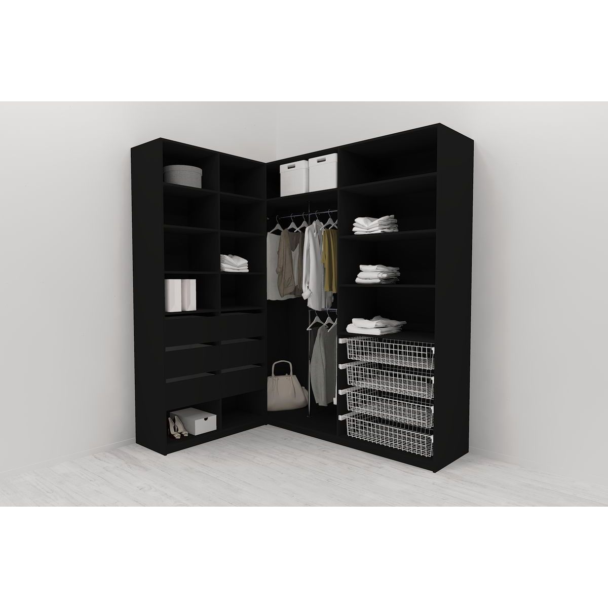 Walk-in closet L-malli Mirror Line, 2200x1500x1800 mm, musta