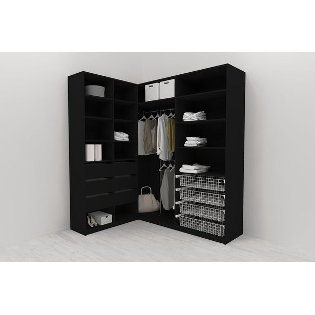 Walk-in closet L-malli Mirror Line, 2200x1500x1800 mm, musta