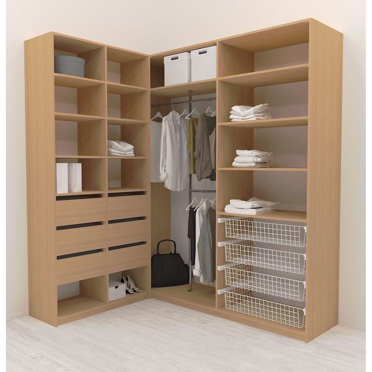 Walk-in closet L-malli Mirror Line, 2200x1500x1800 mm, tammi