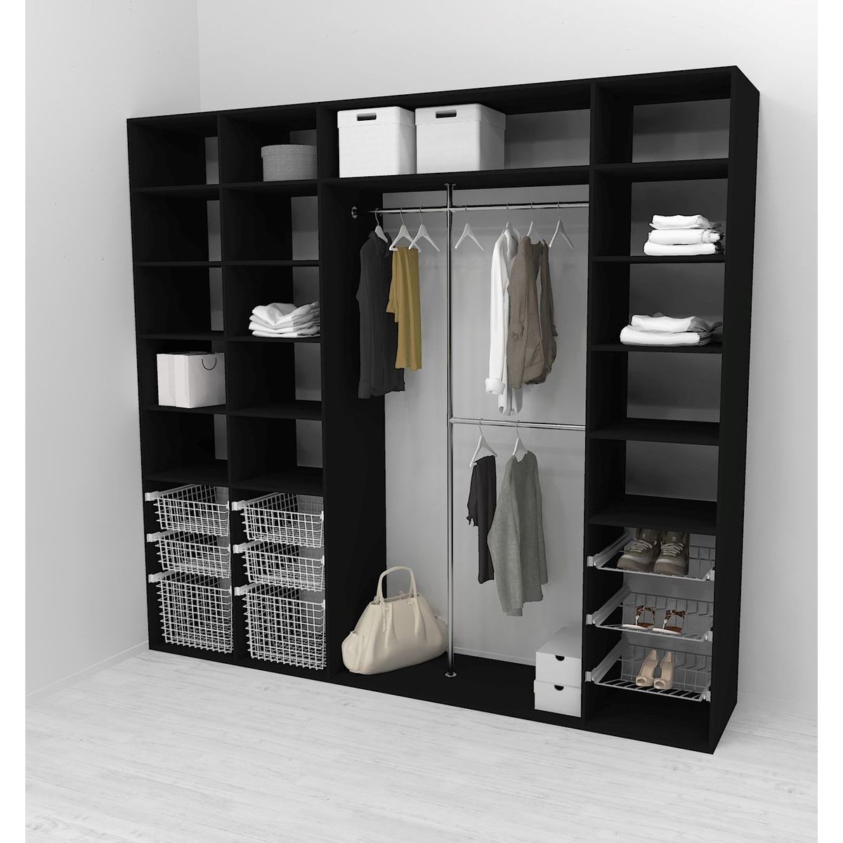 Walk-in closet 260 cm Mirror Line, 2100/2400x2600x510 mm, musta