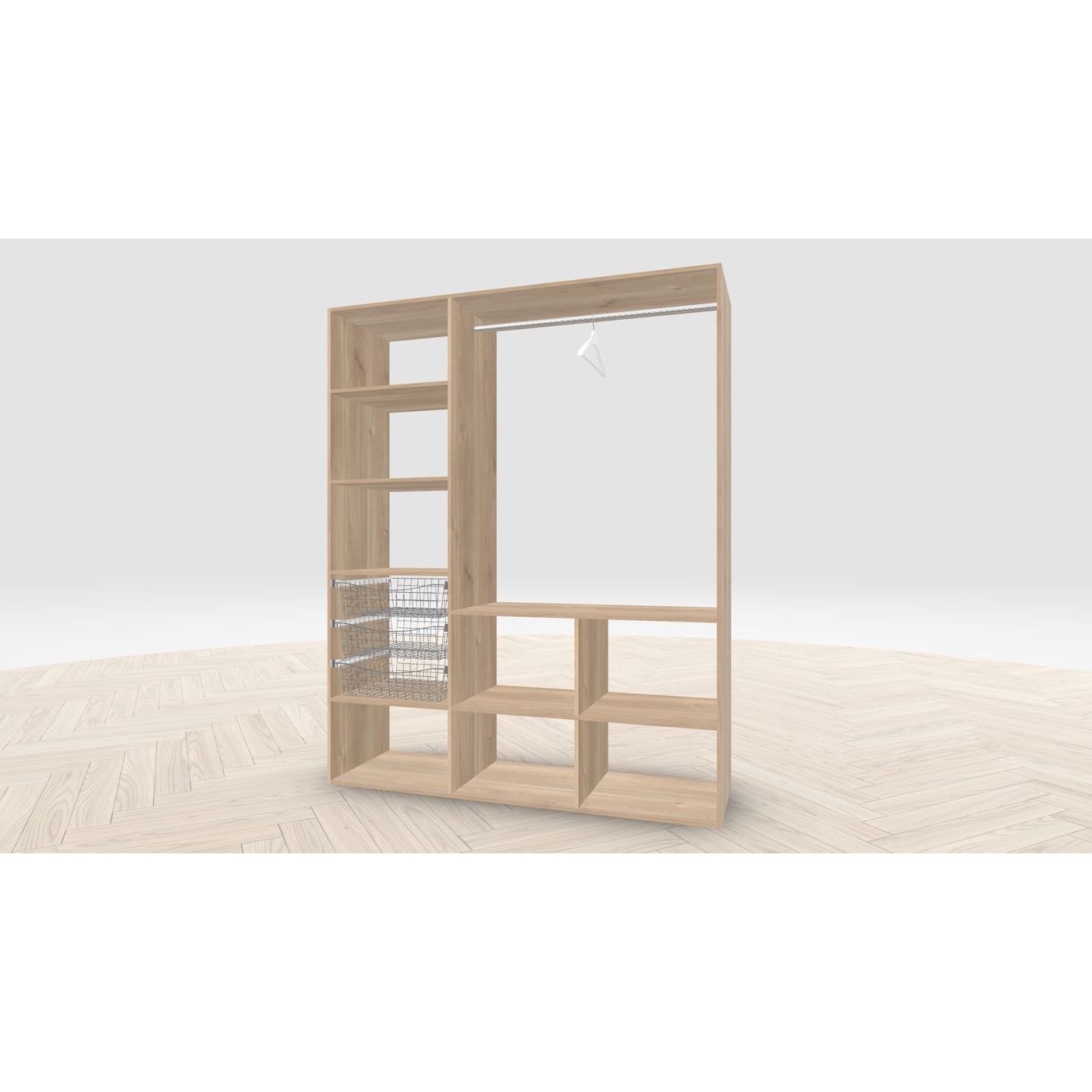 Vaatehuoneen kaapisto Mirror Line, kapea I-malli koreilla ja tangolla, 1700x2100x510mm, hunajatammi