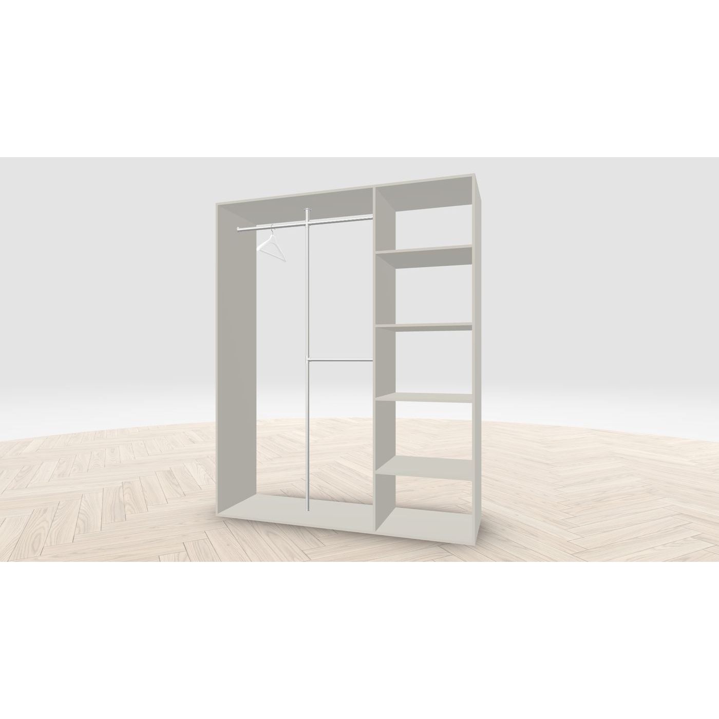 Vaatehuoneen kaapisto Mirror Line, kapea I-malli hyllyillä ja kaksiosaisella tangolla, 1700x2100x510mm, kashmir