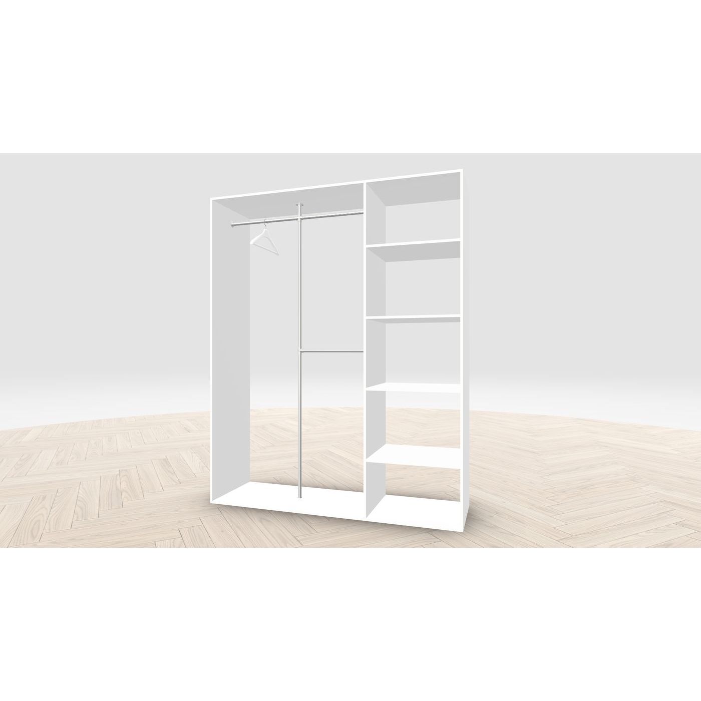 Vaatehuoneen kaapisto Mirror Line, kapea I-malli hyllyillä ja kaksiosaisella tangolla, 1700x2100x510mm, valkoinen