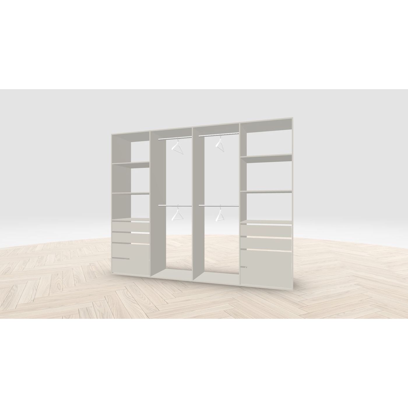 Vaatehuoneen kaapisto Mirror Line, leveä I-malli laatikoilla ja vaatetangoilla, 2600x2100x510mm, kashmir