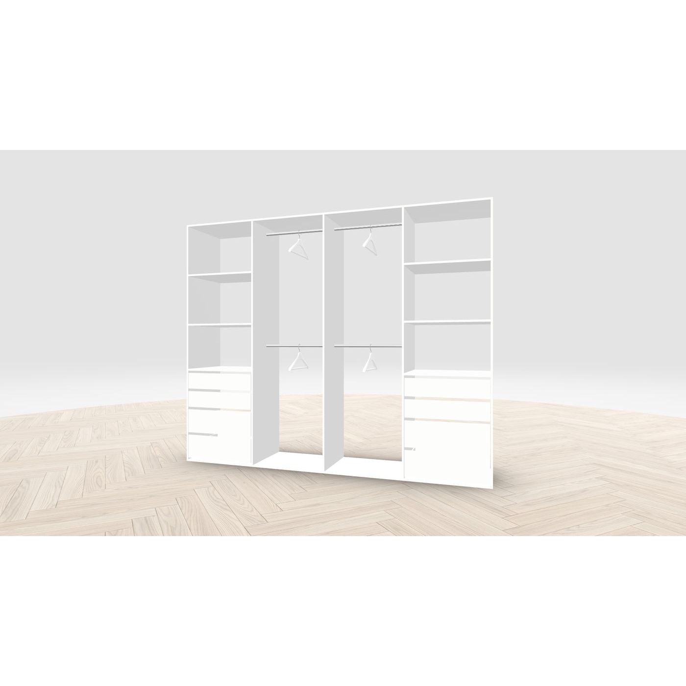 Vaatehuoneen kaapisto Mirror Line, leveä I-malli laatikoilla ja vaatetangoilla, 2600x2100x510mm, valkoinen