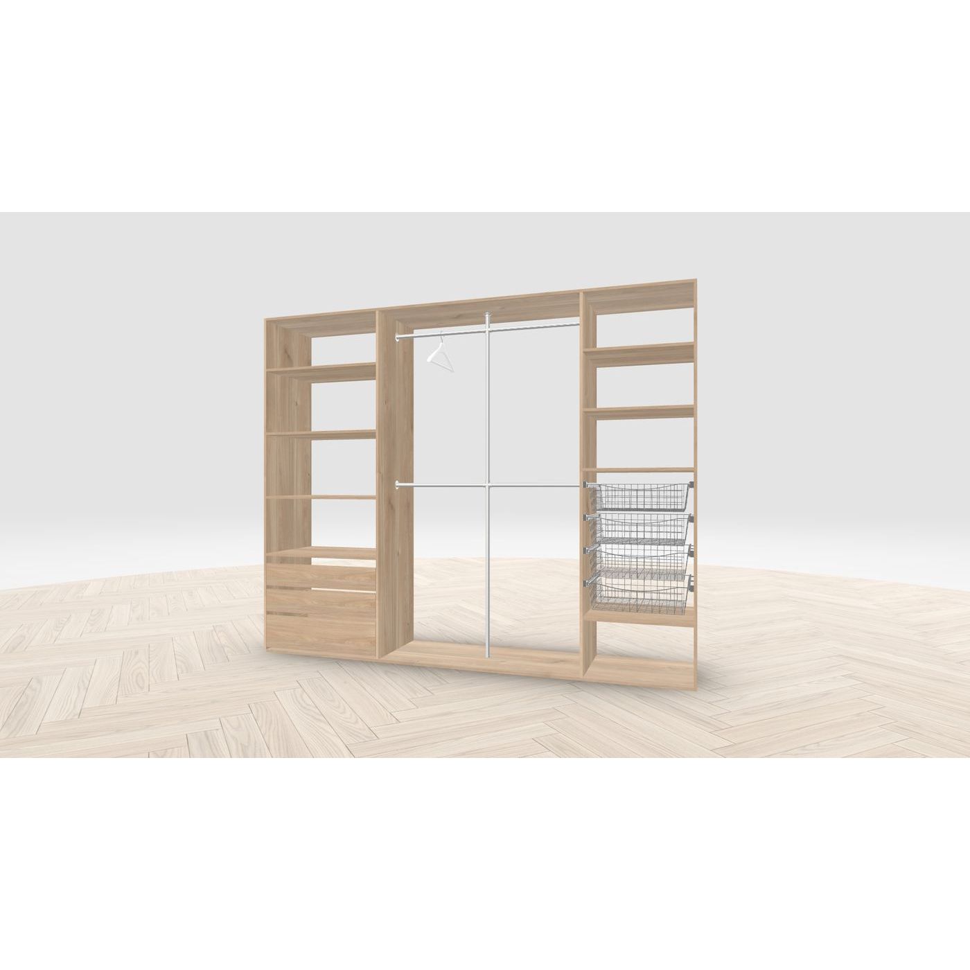 Vaatehuoneen kaapisto Mirror Line, leveä I-malli laatikoilla, koreilla ja vaatetangoilla, 2600x2100x510mm, hunajatammi