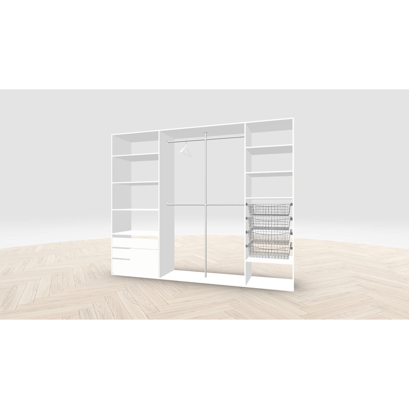 Vaatehuoneen kaapisto Mirror Line, leveä I-malli laatikoilla, koreilla ja vaatetangoilla, 2600x2100x510mm, valkoinen