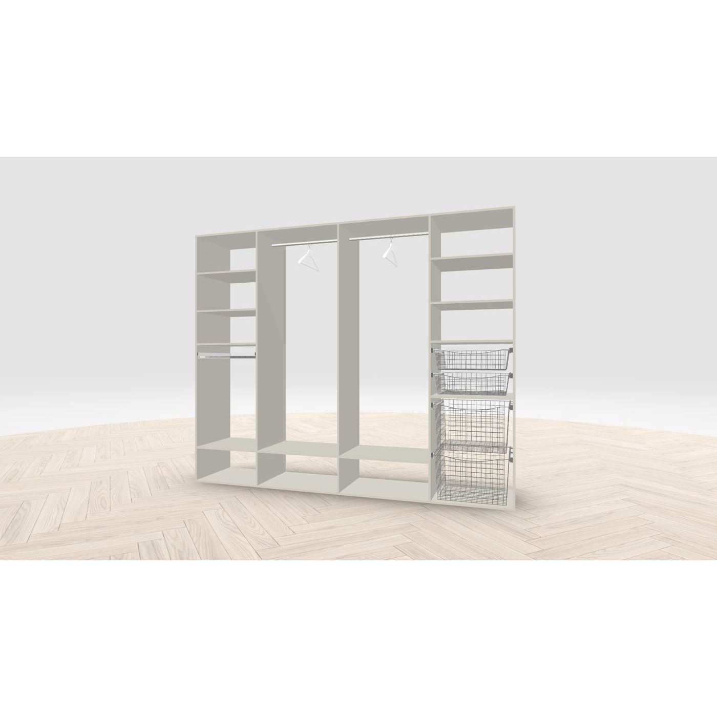 Vaatehuoneen kaapisto Mirror Line, leveä I-malli koreilla, housutelineellä ja vaatetangoilla, 2600x2100x510mm, kashmir