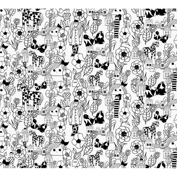 Lastenhuoneen tapetti Marimekko Marikylä, mustavalkoinen, 0.7x10.05m