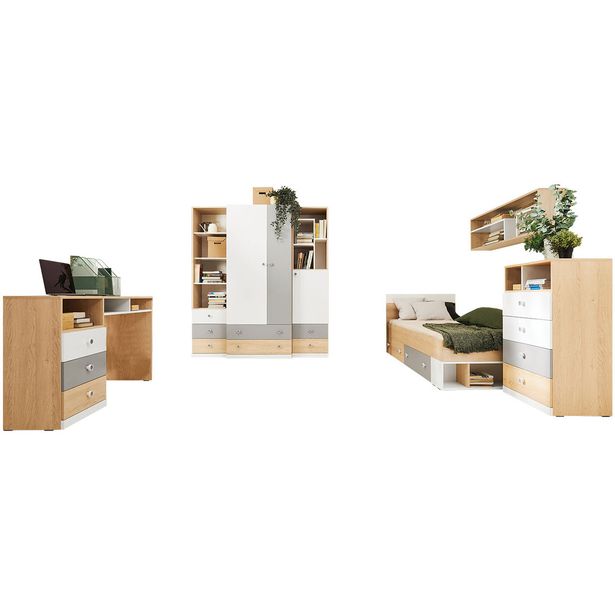 Makuuhuoneen kalustesetti Nomla PIXEL SYSTEM I, valkoinen/ruskea