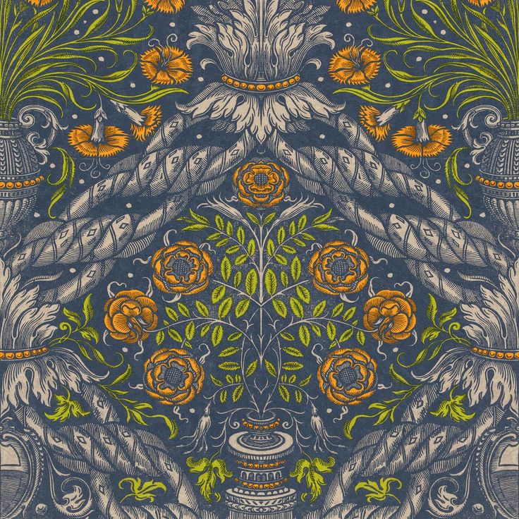 Paneelitapetti Mindthegap Floral ornament, 1.56x3m, sininen/oranssi