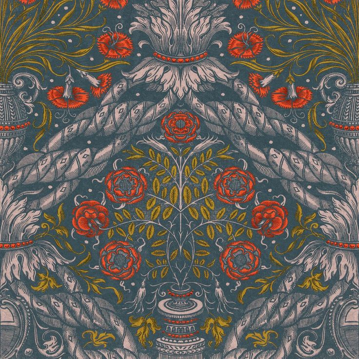 Paneelitapetti Mindthegap Floral ornament, 1.56x3m, sininen/punainen