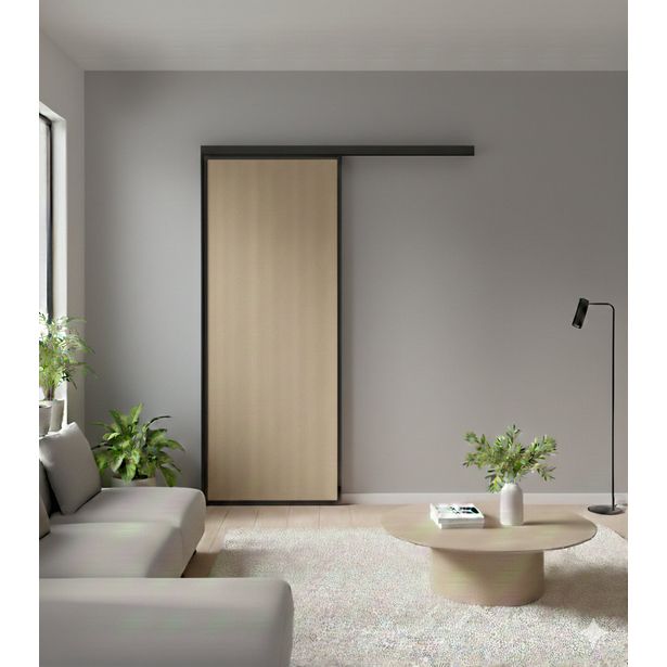 Nettiovi Sointu-liukuovi melamiiniovi tammen värisenä mustalla kehyksellä