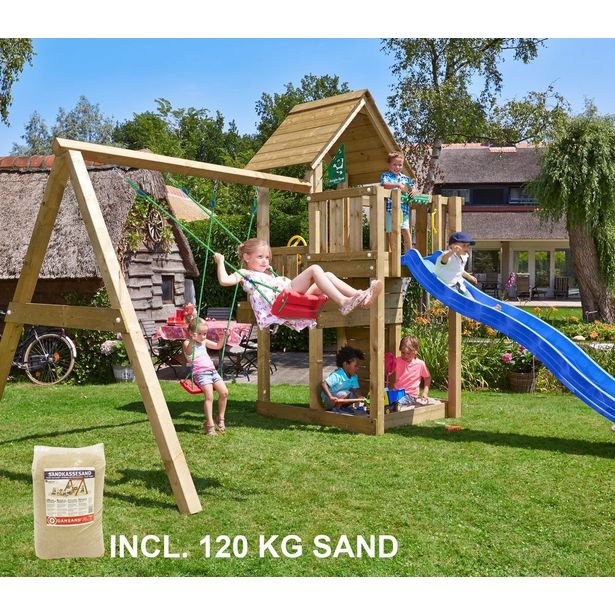 Leikkikeskus Jungle Gym Cubby ja Swing Module X'tra, sis. 120kg hiekkaa ja sinisen liukumäen