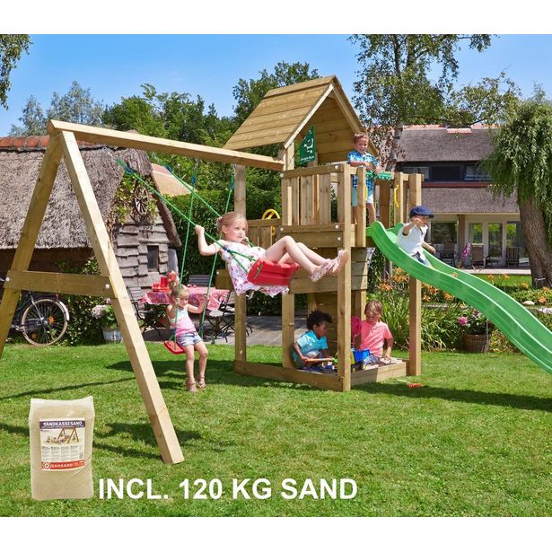 Leikkikeskus Jungle Gym Cubby ja Swing Module X'tra, sis. 120kg hiekkaa ja vihreän liukumäen