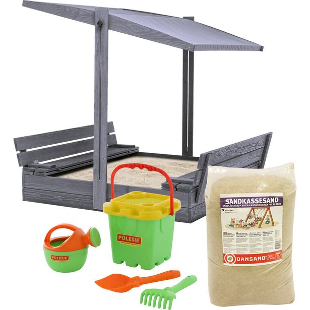 Hiekkalaatikko katolla sisältää hiekan ja hiekkalelusetin Nordic Play, 1200x1200 mm harmaa puu