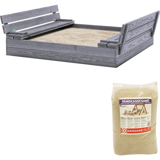 Hiekkalaatikko penkeiksi kääntyvällä kannella sisältää hiekan Nordic Play, 1200x1200 mm harmaa puu