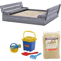 Hiekkalaatikko penkeiksi kääntyvällä kannella sisältää hiekan ja hiekkalelusetin Nordic Play, 1200x1200 mm harmaa puu