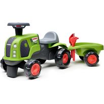 Potkutraktori ohjauspyörällä, äänimerkki ja työntökahva sekä perävaunu, lapio ja harava Claas FALK