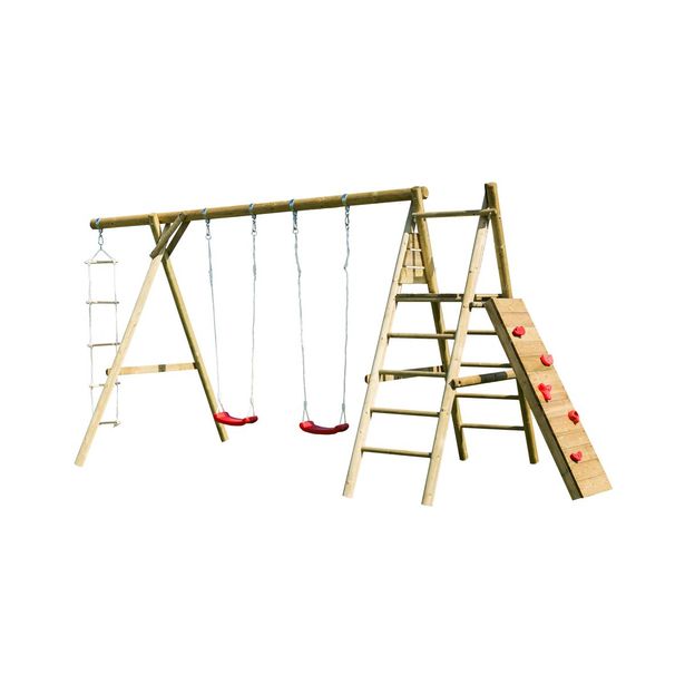 Leikkiteline Palmako Brenda, 2 keinua, kiipeilyteline, kiipeilyseinä, köysitikkaat