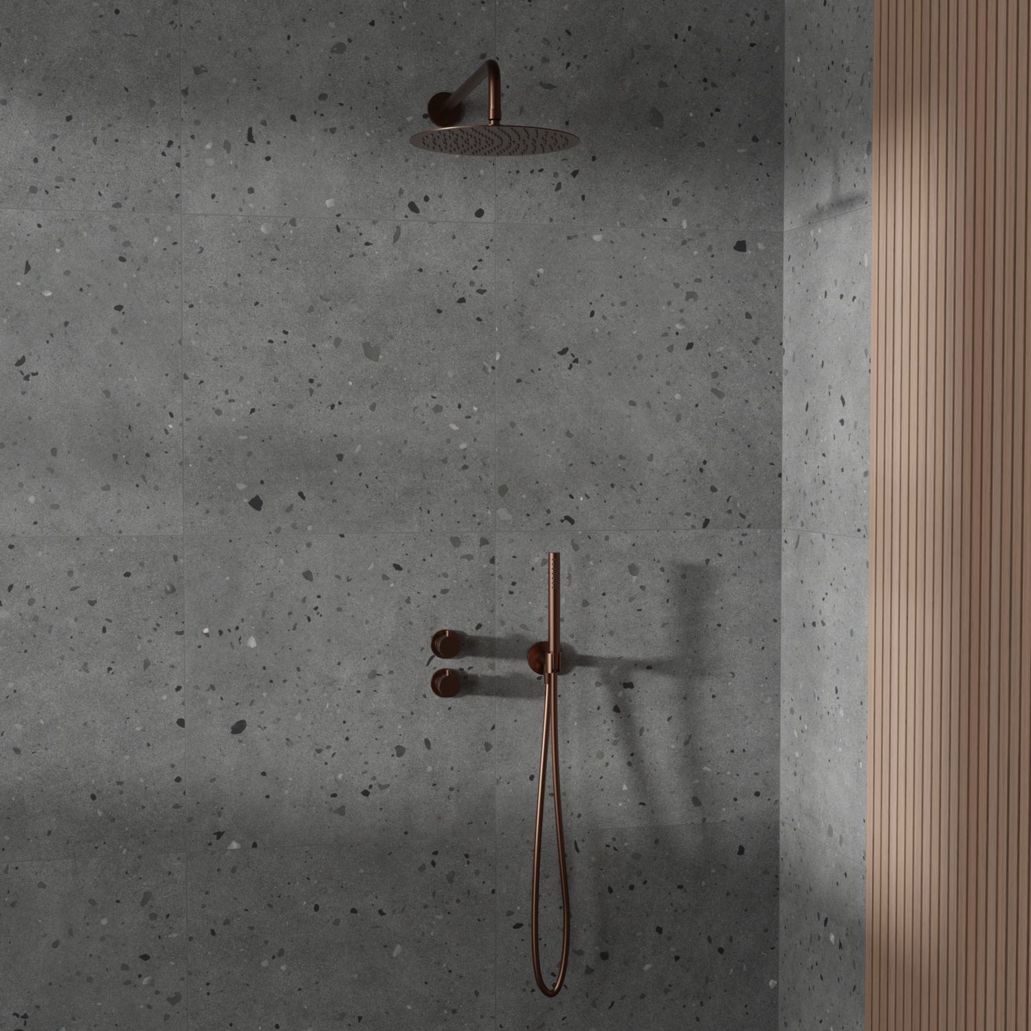 Sadesuihkusetti Scandtap Steel Harmonized 2X Amber, termostaattihanalla, vettä säästävä, piiloasennus, kupari